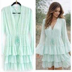 ALLISON NEW YORK Swiss Dot TIERED RUFFLE Boho Dress BELL Sleeve COTTAGECORE sz M